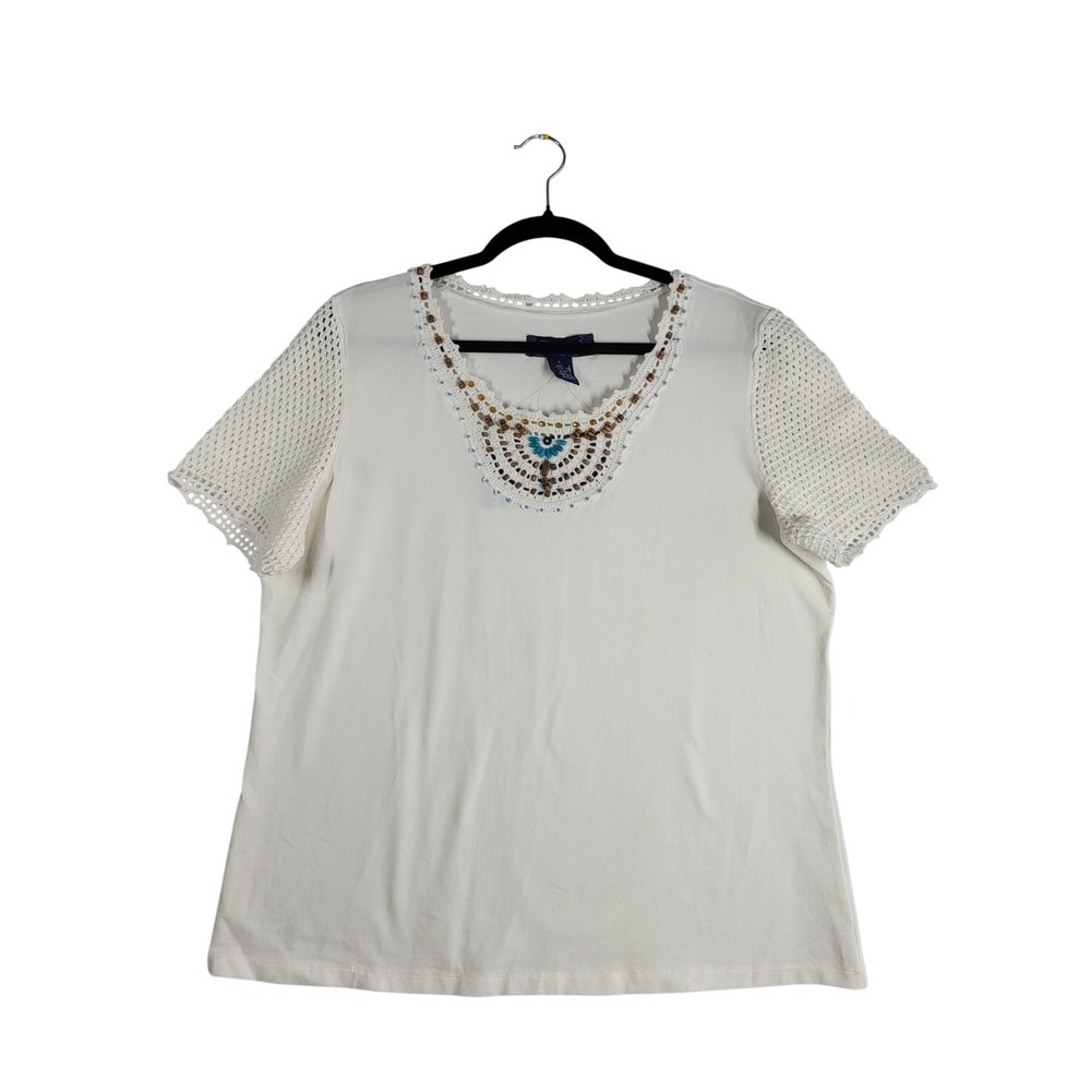 Susan Graver White Beaded Crochet Top Short Sleeve Cotton Boho Large NEW VTG QVC